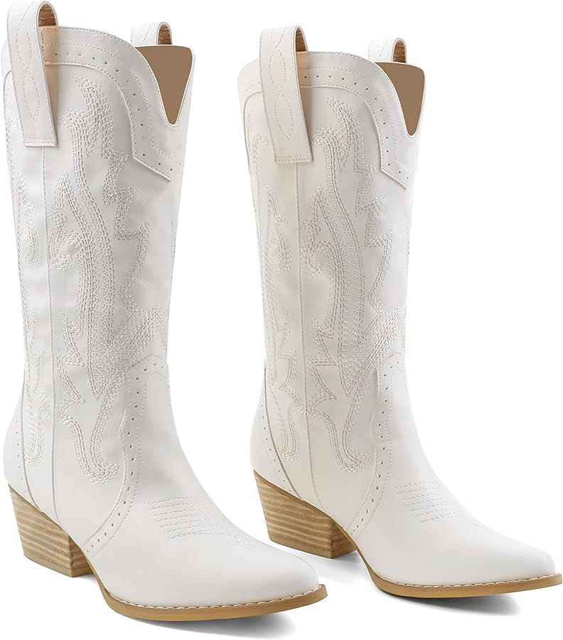 Zzheels Women Mid-calf Cowboy Boots Pointy Toe Boots Embroidered Western Cowgirl Boots Chunky Hee... | Amazon (US)