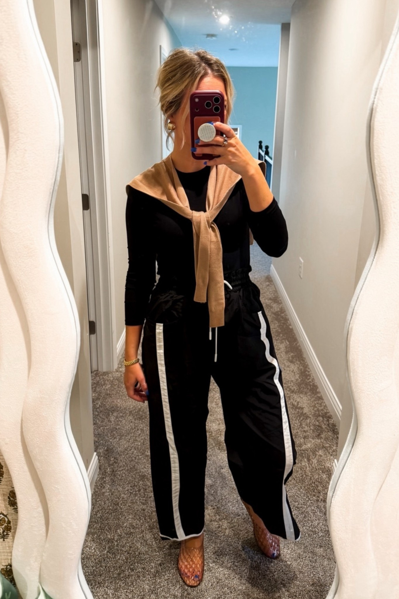 Love my new jelly shoes! Added the faux shoulder sweater for looks and comfy in these track pants! 

#LTKootd #LTKgrwm #LTKdayinmylife