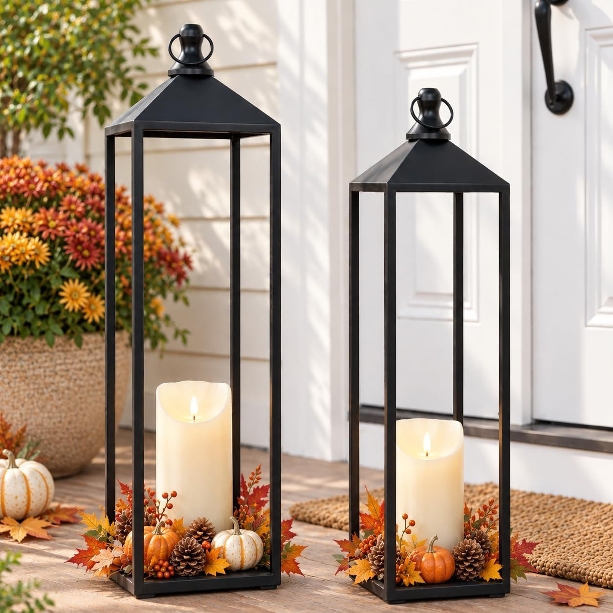22'' 19'' Large Lanterns Decorative Outdoor Indoor, Set of 2 Black Metal Candle Lanterns with Flameless Candles Modern Farmhouse Floor Lanterns Decorative for Home Decor, Mantle, Patio, Porch, Garden | Amazon (US)
