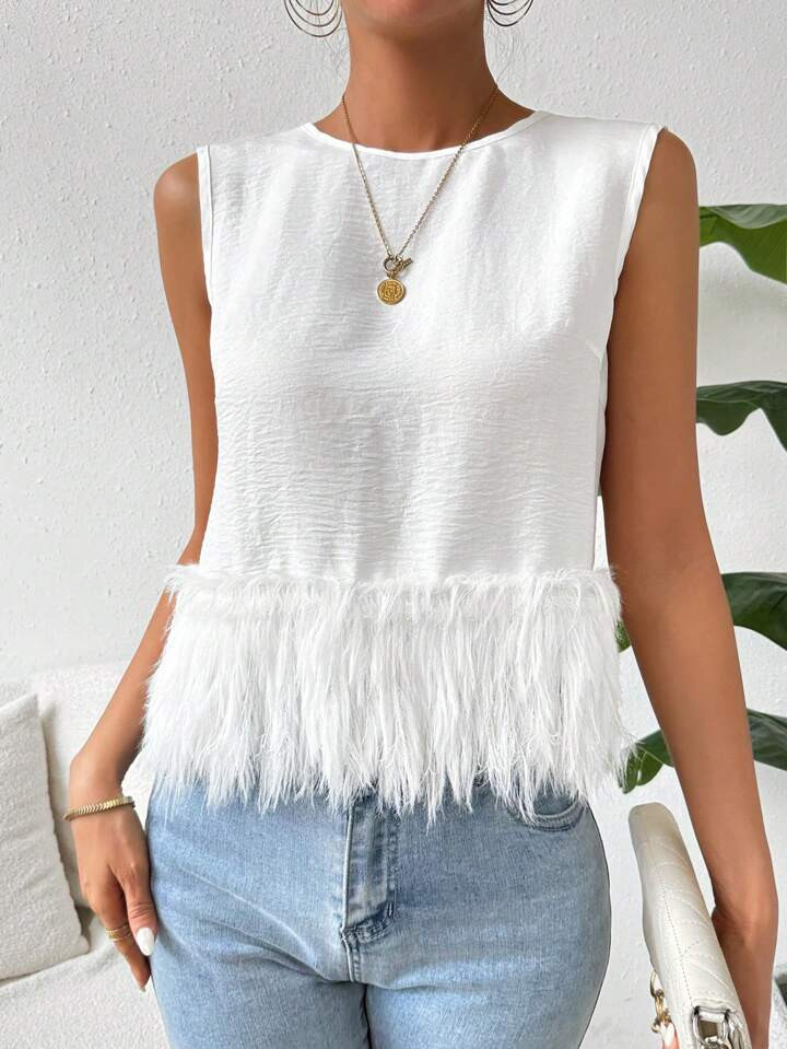 SHEIN Privé Fuzzy Hem Tank Top | SHEIN