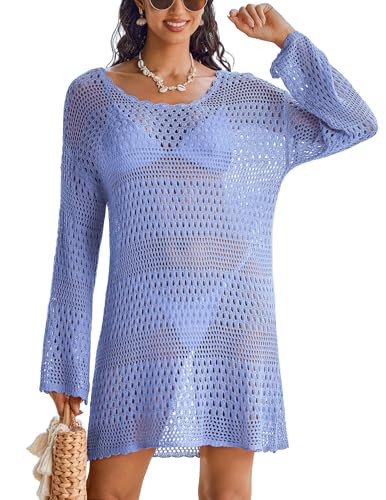 AI'MAGE Women Crochet Cover Ups Long Sleeve Beach Cover up Mesh Swimwear Coverups Light Blue XXL | Amazon (US)
