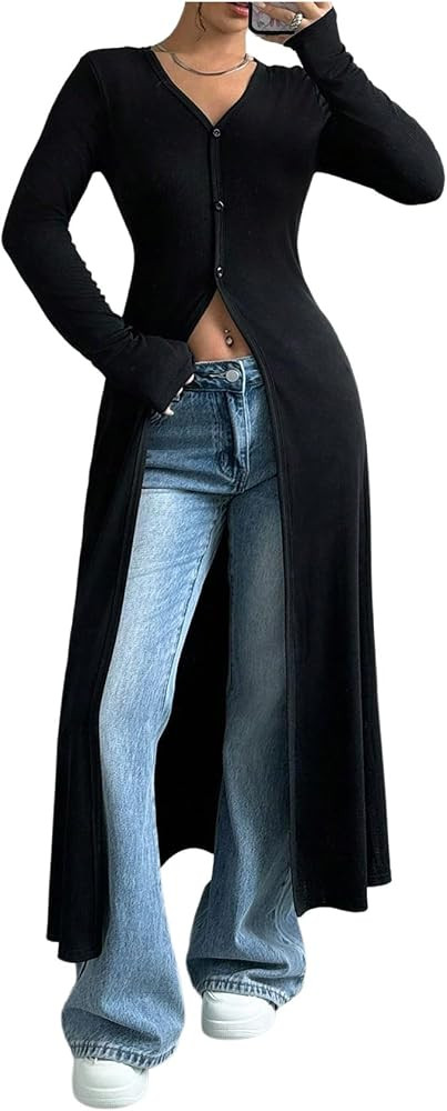 WDIRARA Women's Button Down Long Cardigan V Neck Slit Ribbed Knit Sweater Casual Going Out Tops | Amazon (US)