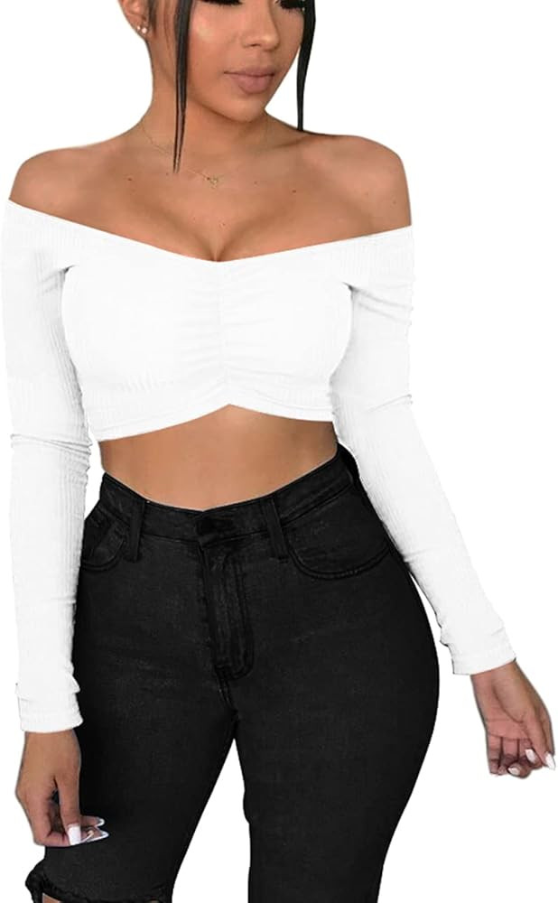 Cuihur Women's Sexy Off Shoulder Long Sleeve Crop Tops Stretchy Tube Top Summer Blouse | Amazon (US)