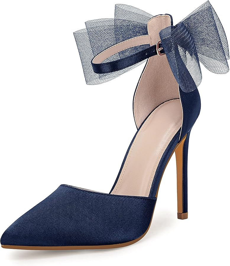 Coutgo Women's Closed Pointed Toe High Heels with Bow Knot Ankle Strap Satin Stiletto Pumps | Amazon (US)