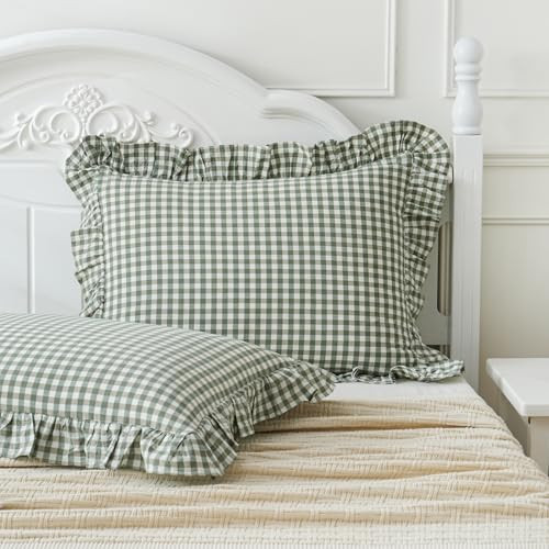 Qilunn 2 Pack Sage Green White Plaid Ruffle Pillow Shams Standard Size 20x26 inches, 100% Cotton Gingham Checkered Farmhouse Pillowcases for Bed/Sofa (20x26 inches, Sage Green/White Plaid) | Amazon (US)
