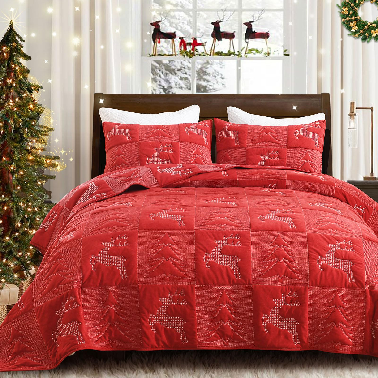 Grassix Christmas Quilt King Size, 3 Pieces Velvet Quilt Set with Xmas Tree Reindeer Pattern, Red... | Amazon (US)