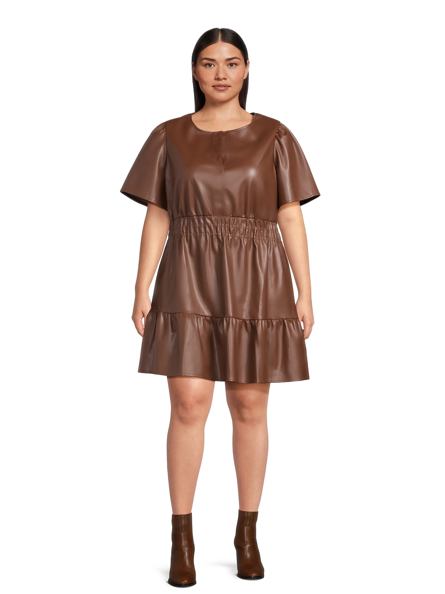 Nine.Eight Women's Plus Size Short Sleeve Faux Leather Dress | Walmart (US)