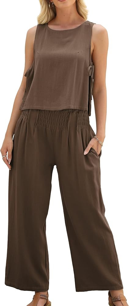 Women's Summer 2 Piece Outfits Linen Sleeveless Crop Top Palazzo Wide Leg Pants Pockets Beach Lou... | Amazon (US)