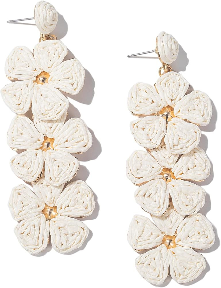 Flower Drop Earrings Floral Raffia Earrings Boho Statement Dangle Earrings Trendy Cute Summer Bea... | Amazon (US)