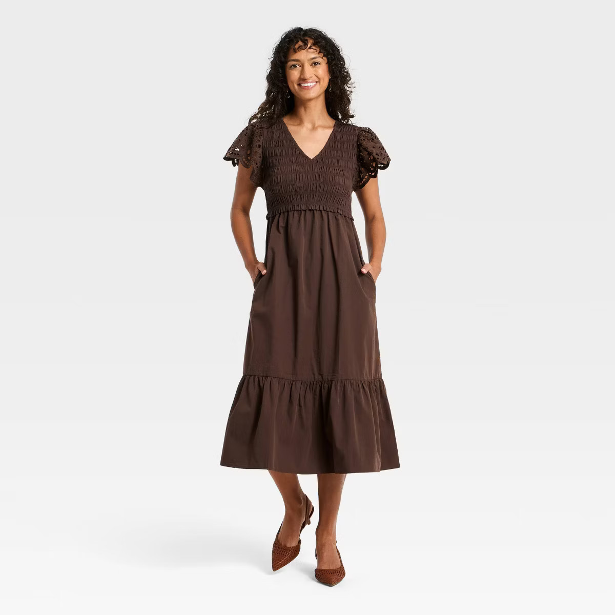 Women's Flutter Short Sleeve Smocked Midi A-Line Dress - Universal Thread™ | Target