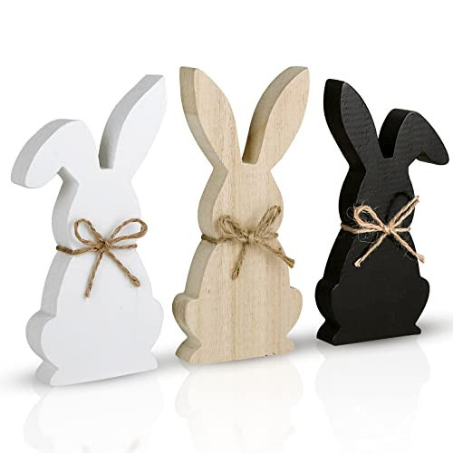 Easter Decorations for the Home, 3 pcs Easter Bunny Wooden Table Centerpiece Signs Rustic Tiered Tray Farmhouse Decor for Gifts, Black, White, Natural Wood Color | Amazon (US)