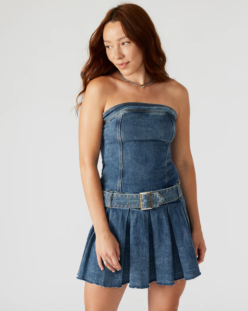 ROWE Denim Dress | Women's Strapless Pleated Mini Dress | Steve Madden (US)