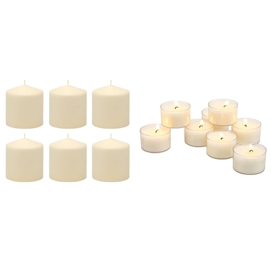 Stonebriar 18 Hour Unscented Pillar Candles (3x3, Ivory) and 96 Pack Smokeless Clear Cup Tea Ligh... | Amazon (US)