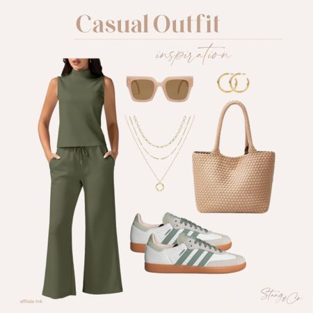 This casual outfit inspiration includes a two piece tank and wide leg pants set, Adidas Samba sneakers, a woven tote bag, nude sunglasses, a gold layered necklace, and gold hoop earrings. 

Ootd, Amazon outfit, tall friendly outfit, spring outfit, summer outfit, resort wear 

#LTKstyletip #LTKshoecrush #LTKfindsunder50