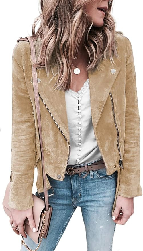 Blibea Women's Zipped Notch Collar Moto Biker Jacket Casual Short Coat Outwear | Amazon (US)