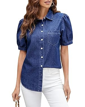 BMJL Womens Denim Shirt Business Casual Button Down Work Blouses Puff Sleeve Summer Tops | Amazon (US)