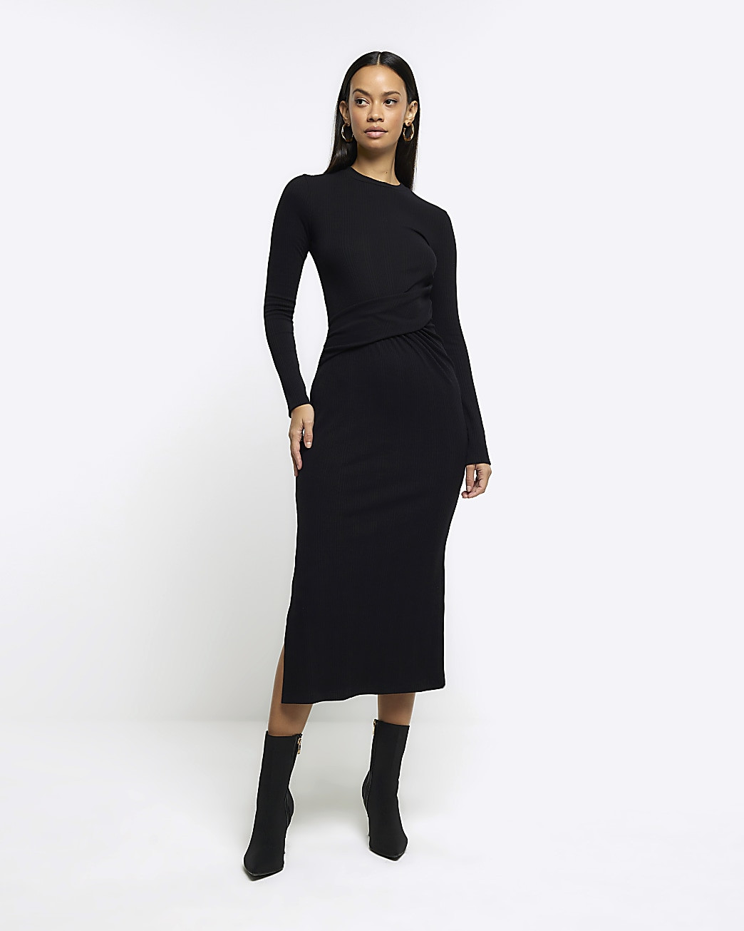 Black drape front bodycon midi dress | River Island (UK & IE)