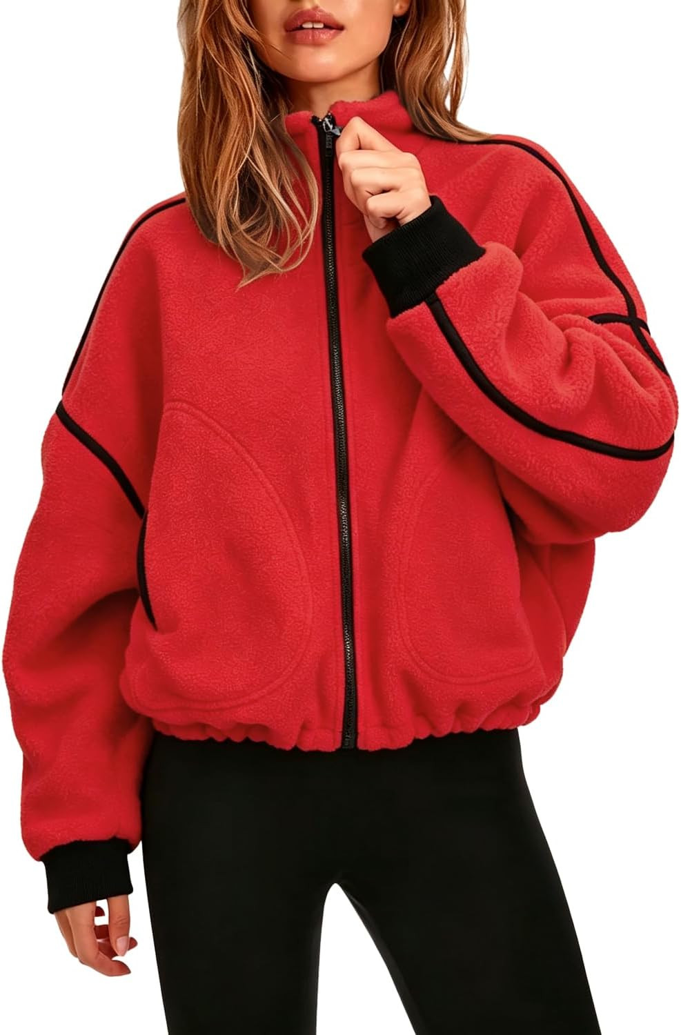 QINSEN Women Fleece Jacket Cropped Full-Zip Up Sherpa Jackets Warm Stand Collar Outerwear with Pockets | Amazon (US)