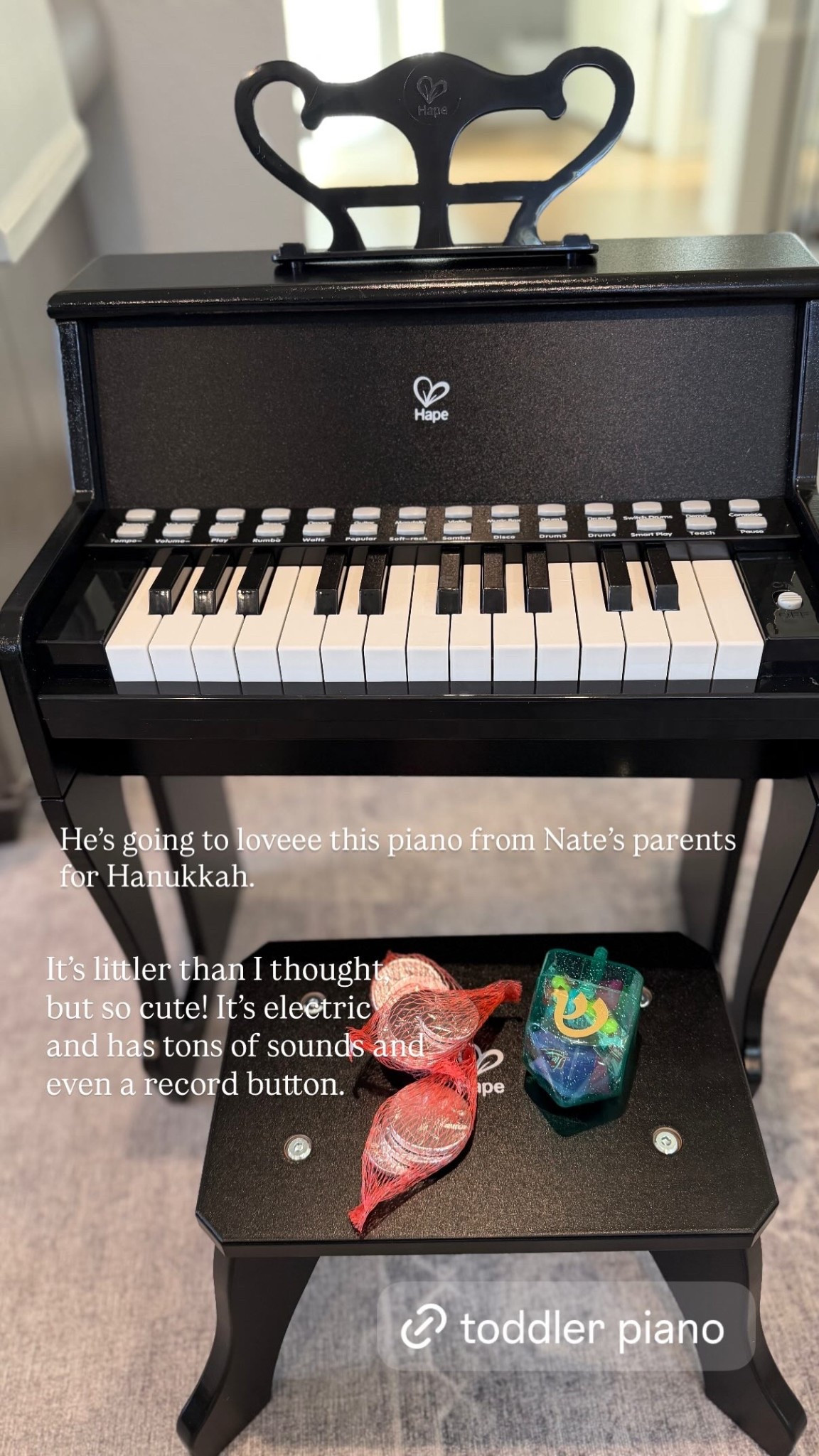 This piano is going to be a hit with my toddler! It’s littler than I thought, but so cute! It’s electric and has tons of sounds and even a record button.

Toddler toy, toddler gift, holiday gifts 

#LTKHoliday #LTKKids #LTKGiftGuide