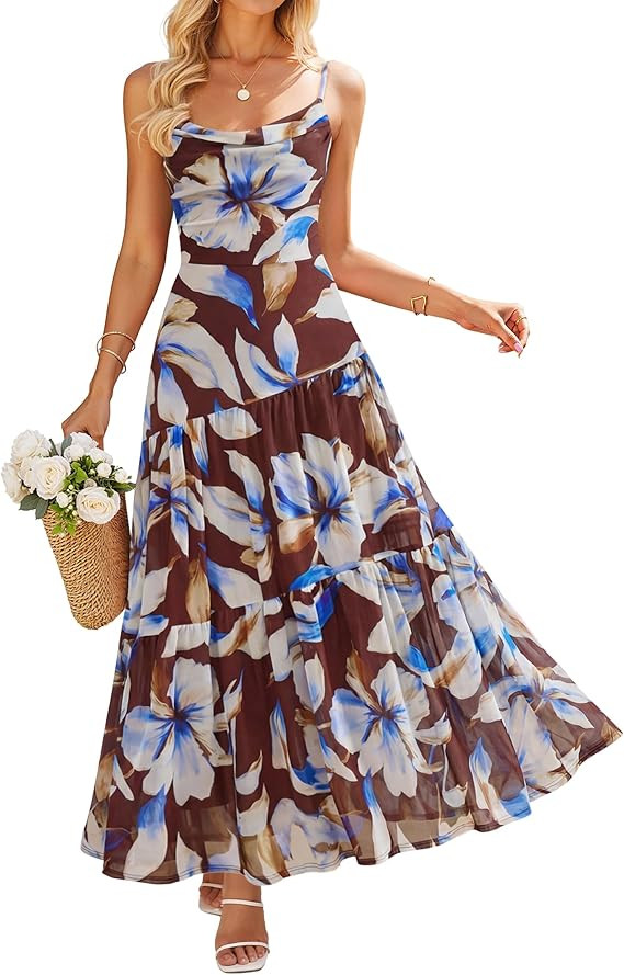 ZESICA Women's Summer Floral Sleeveless Maxi Dress 2026 Boho Mesh Spaghetti Strap Flowy Beach Wed... | Amazon (US)