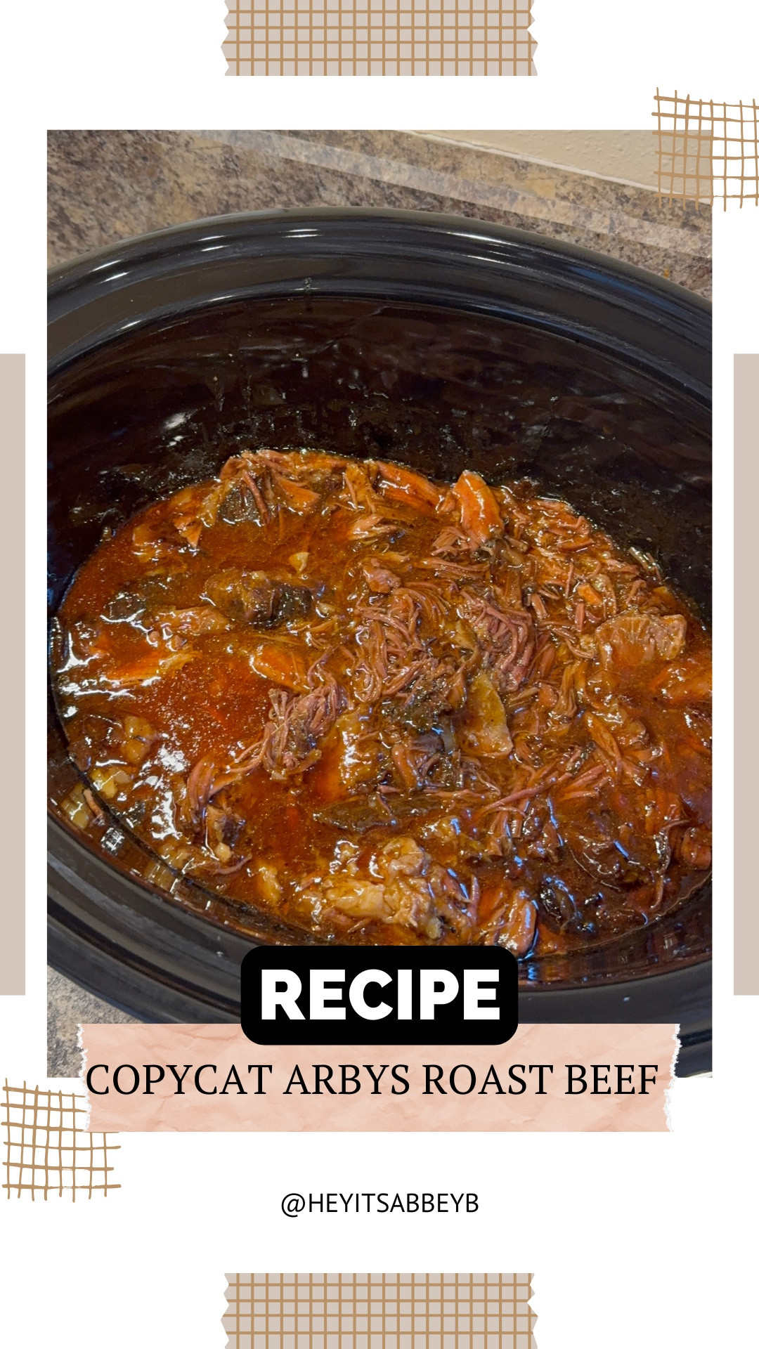 Copycat Arby’s bbq roast beef. 

Ingredients
2-3 pound chuck roast
2 teaspoons dried minced onion
1 teaspoon Montreal steak seasoning
1 tablespoon Worcestershire sauce
1 ½ cups Arby's sauce plus more for topping
1 cup cheddar cheese sauce I like Ricos brand
6 onion rolls
Instructions
Add the roast to the bottom of a 6 quart slow cooker.
2-3 pound chuck roast
Sprinkle the dried onion and steak seasoning evenly over the roast.
2 teaspoons dried minced onion, 1 teaspoon
Montreal steak seasoning
Pour the Worcestershire sauce over the top.
1 tablespoon Worcestershire sauce
Pour the 1 ½ cups Arby's sauce evenly on the roast.
1 ½ cups Arby's sauce
Cover and cook on LOW for 8 hours or HIGH for 4 hours.
After the cook time is up and the roast is tender, use two forks to shred the meat. Stir it into the sauce and turn the slow cooker to WARM for serving.
Heat the cheddar cheese sauce in the microwave for serving.
1 cup cheddar cheese sauce

Pile the shredded beef onto onion rolls and top with cheddar cheese sauce and more Arby's sauce.
6 onion rolls

#LTKHome #LTKFindsUnder50 #LTKFamily