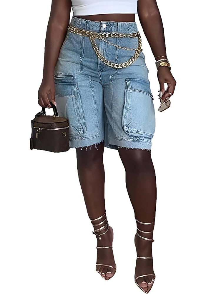 NRTHYE Women Denim Shorts High Waisted Straight Leg Casual Cargo Jean Shorts with Pockets | Amazon (US)