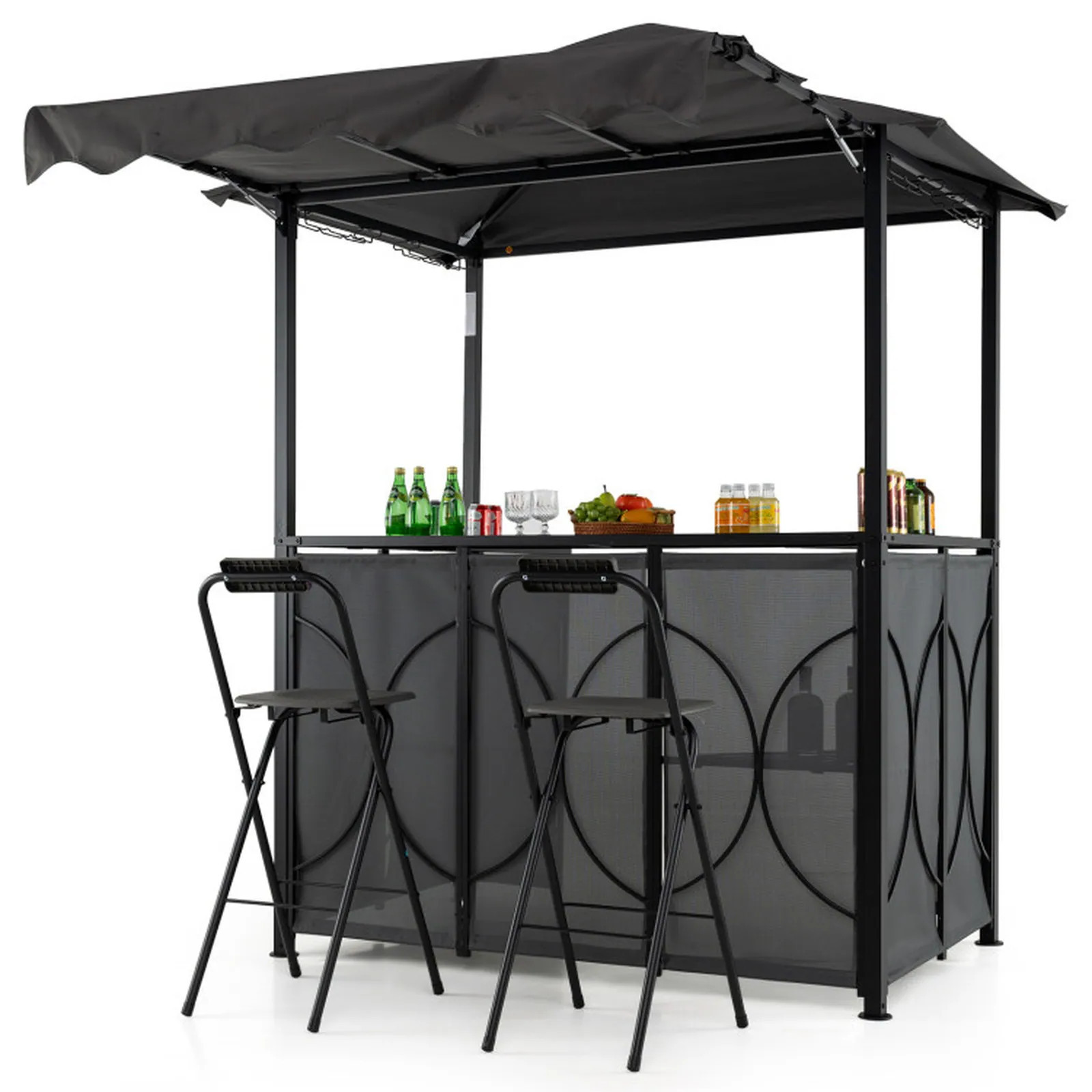 SUGIFT 3-Piece Grill Gazebo with Side Awning and 2 Bar Chairs Double-Tier BBQ Canopy Outdoor Barbecue Shelter with Bar Table and Ground Stakes Gray | Lowe's