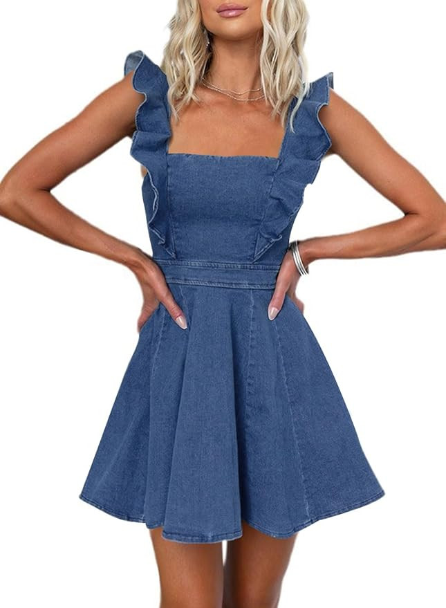 utcoco Denim Dress for Women Ruffle Adjustable Strap Sleeveless Backless Babydoll Mini Jean Dress... | Amazon (US)