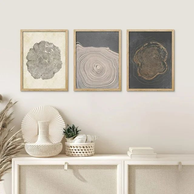 PixonSign Framed Canvas Print Wall Art Set - Pastel Wood Tree Ring Spirals Art - Set of 3 Nature ... | Walmart (US)