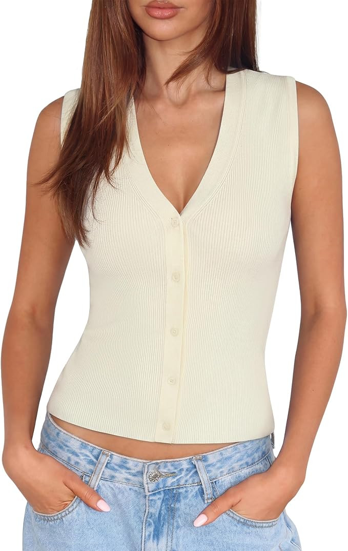 SUUKSESS Women Sleeveless Sweater Tops Summer V Neck Button Down Vest Tops Business Casual Work S... | Amazon (US)