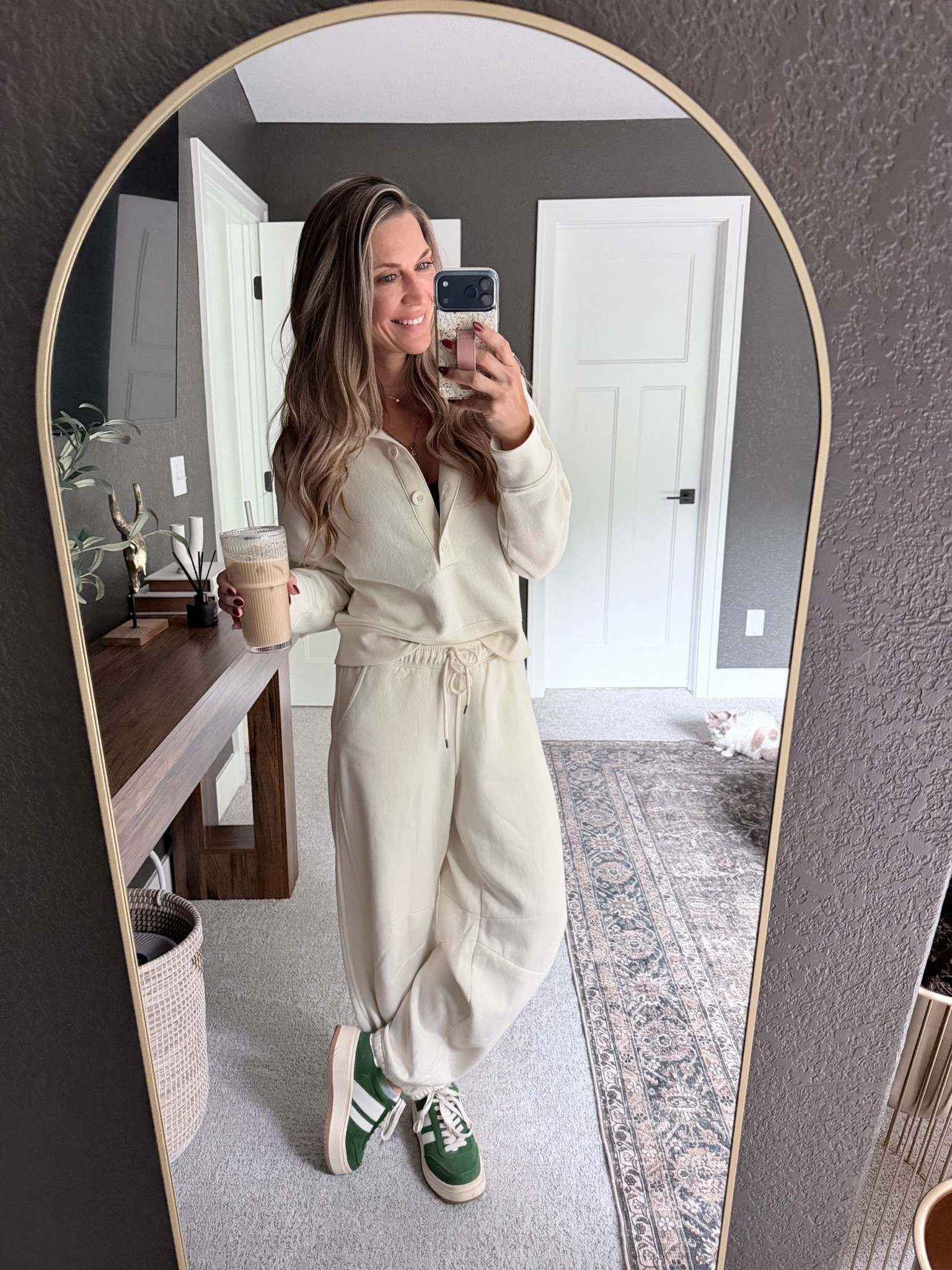 Cozy neutrals for fall 🍂☕️ This cream lounge set is the perfect mix of comfy and put-together — soft fabric, relaxed fit, and easy to dress up or down. I paired it with my favorite green sneakers for a pop of color that feels fresh for fall! 

#FallOutfitInspo #NeutralStyle #CasualOOTD #ComfyAndCute #AthleisureStyle #LoungewearLook #FallFashionFinds #EverydayStyle #CozyVibes #OOTDFall

#LTKFindsUnder50 #LTKStyleTip #LTKSaleAlert