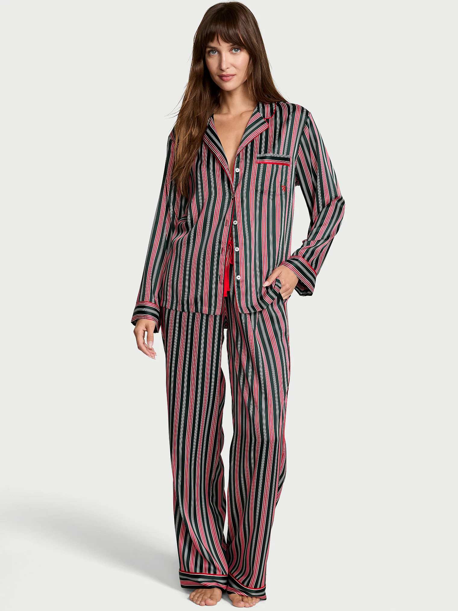 Buy Glazed Satin Long Pajama Set, Festive Red & Green Stripe - Order Pajamas Sets online - Victor... | Victoria's Secret (US / CA )