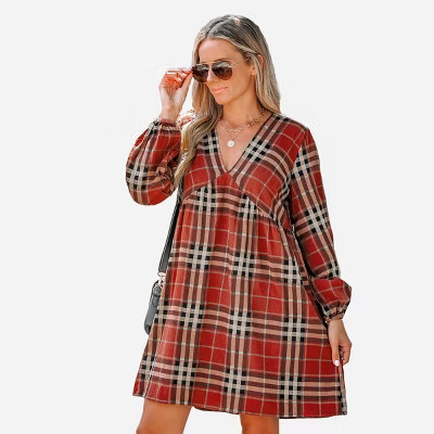 Women's Plaid V-Neck Peasant Sleeve Dress - Cupshe | Target