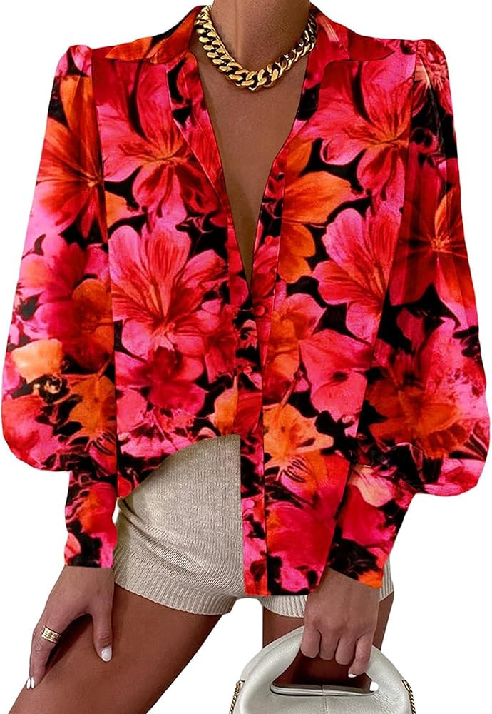 BTFBM Women Fashion Button Down Shirts Lapel V Neck Printed Solid Boho Long Sleeve Blouses Dressy... | Amazon (US)