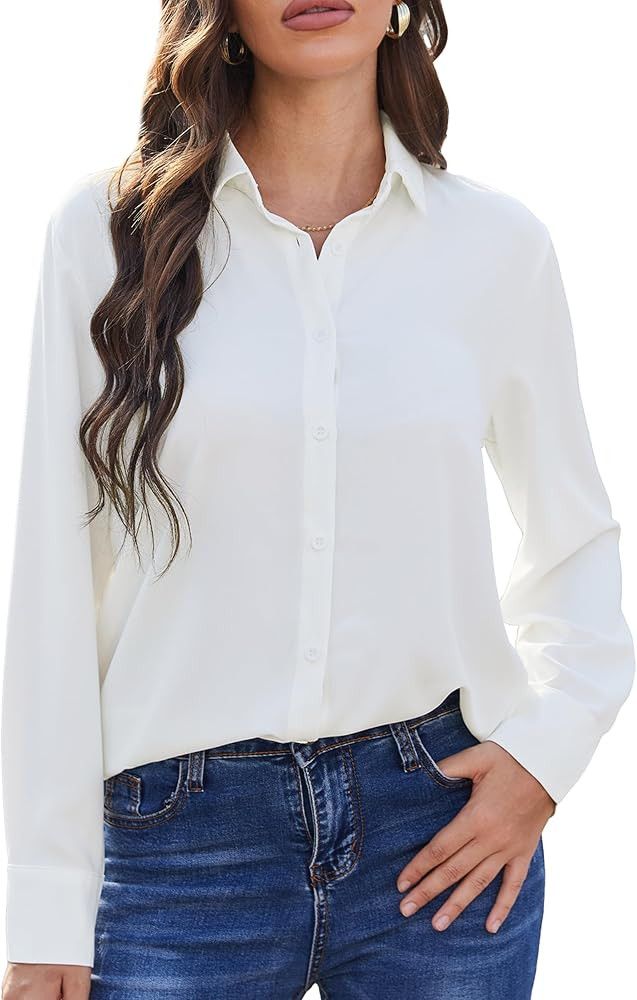 SPRING SEAON Women's Button Down Shirts Causal Collared Blouses Work Office Long Sleeve Chiffon B... | Amazon (US)