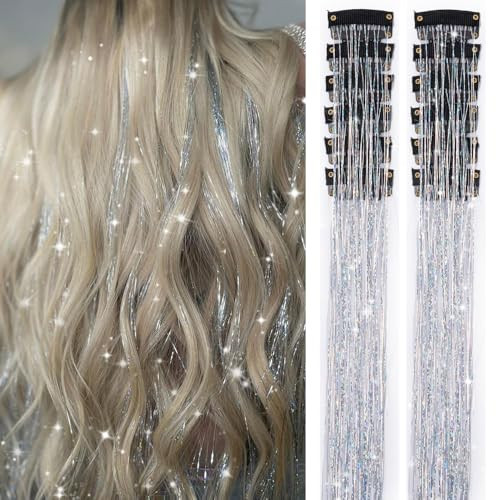 Silver Hair Tinsel 12Pcs Clip in Hair Tinsel Kit 20.5 Inch Fairy Hair Tinsel Kit Heat Resistant Silver Hair Accessories Glitter Hair Extensions for Christmas Halloween Cosplay Party | Amazon (US)