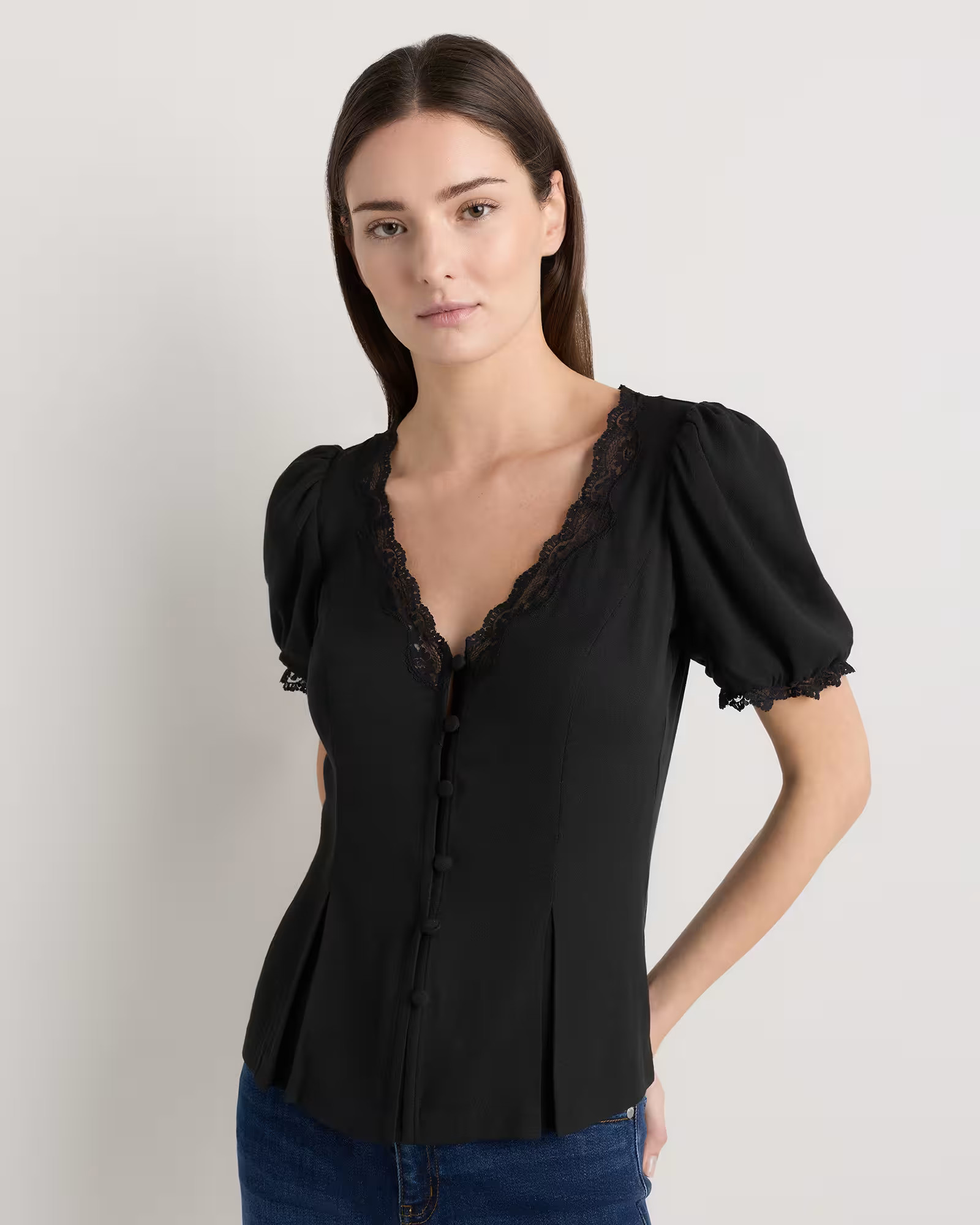 Lightweight Crepe Lace Puff Sleeve Blouse | Quince