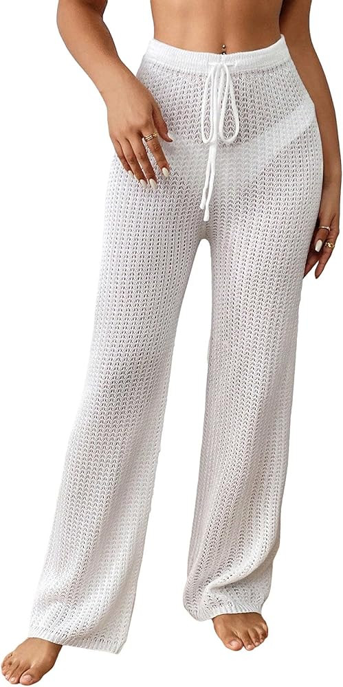 MakeMeChic Women's Crochet Beach Pants Drawstring Waist Bikini Swimsuit Sheer Cover Up Pants | Amazon (US)