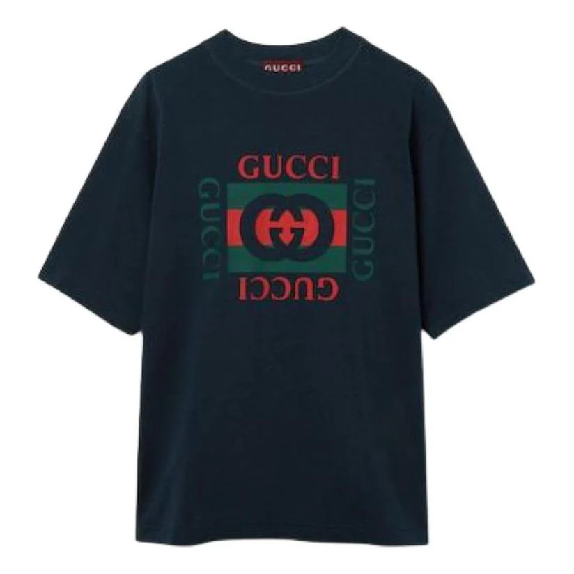 Gucci Cotton Jersey T-Shirt With Gucci Print 'Navy' 784361-XJGKA-4735 | KICKS CREW