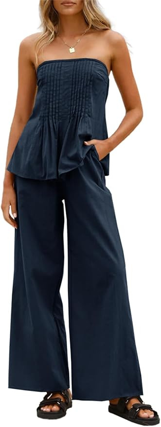 Tankaneo Womens 2 Piece Outfits Summer Strapless Tube Tops Wide Leg Pants Cotton Vacation Pleated... | Amazon (US)