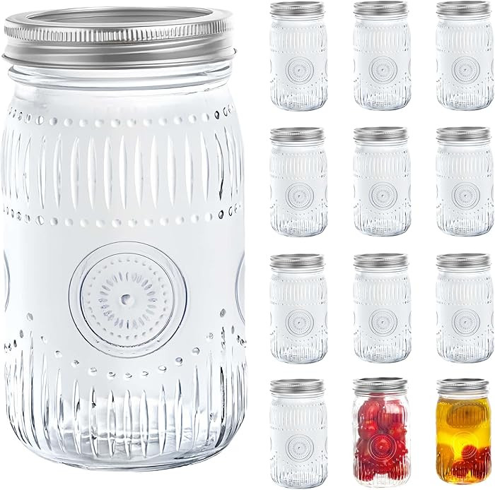 Amzcku 32oz Vintage Mason Jars with Lids, Wide Mouth Quart Canning Jar 12 Pack | Amazon (US)