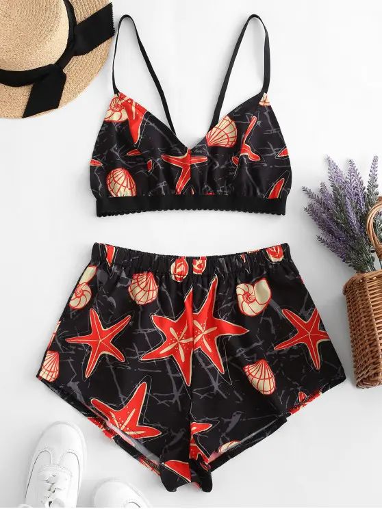 ZAFUL Starfish Print Bralette Top And Shorts Set   BLACK | ZAFUL (Global)
