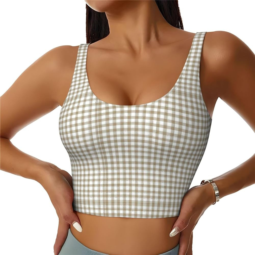 Beige Gingham (1) for U Back Longline Sports Bras for Women Yoga Workout Crop Top with Built in P... | Amazon (US)