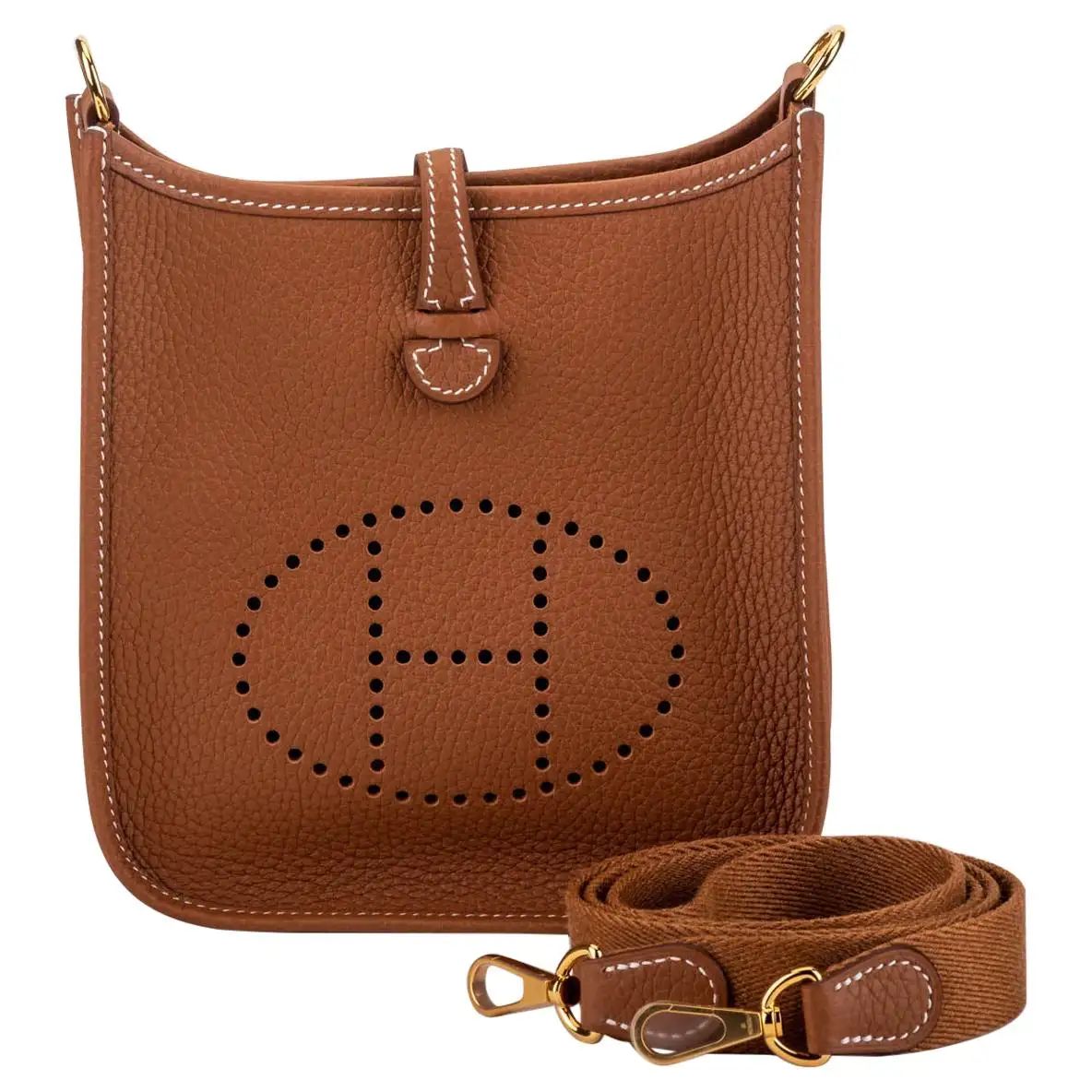 New in Box Hermes Mini Evelyne Gold Crossbody Bag with Gold Hardware | 1stDibs
