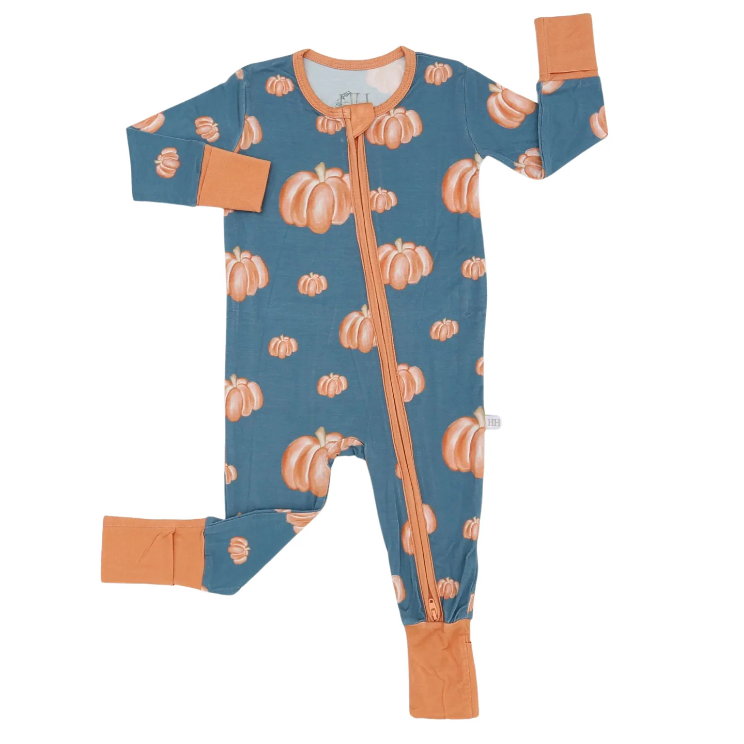 Boys Blue Pumpkin Double Zipper Romper | Hamner Hill