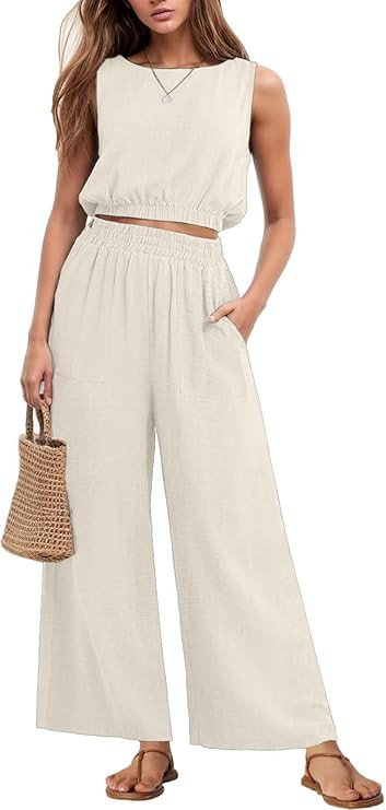 GRECERELLE Two Piece Sets for Women Sleeveless Crop Top Wide Leg Pants Sweat Set for Women Tracks... | Amazon (US)