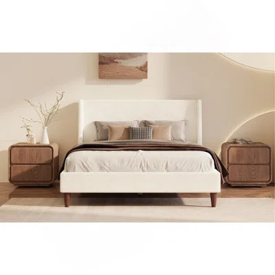Modern Ivory Boucle Upholstered Platform Bed With Wingback Headboard And Walnut Wooden Legs, No Box Spring Needed | Wayfair North America
