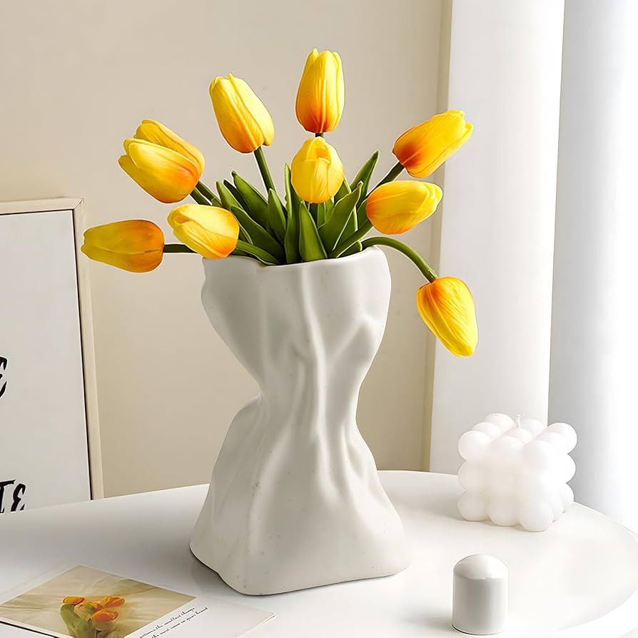 Paper Bag Vase, Unique Crinkle Grab Design Matte Ceramic Vase, Boho Flower Vase for Modern Home D... | Amazon (US)