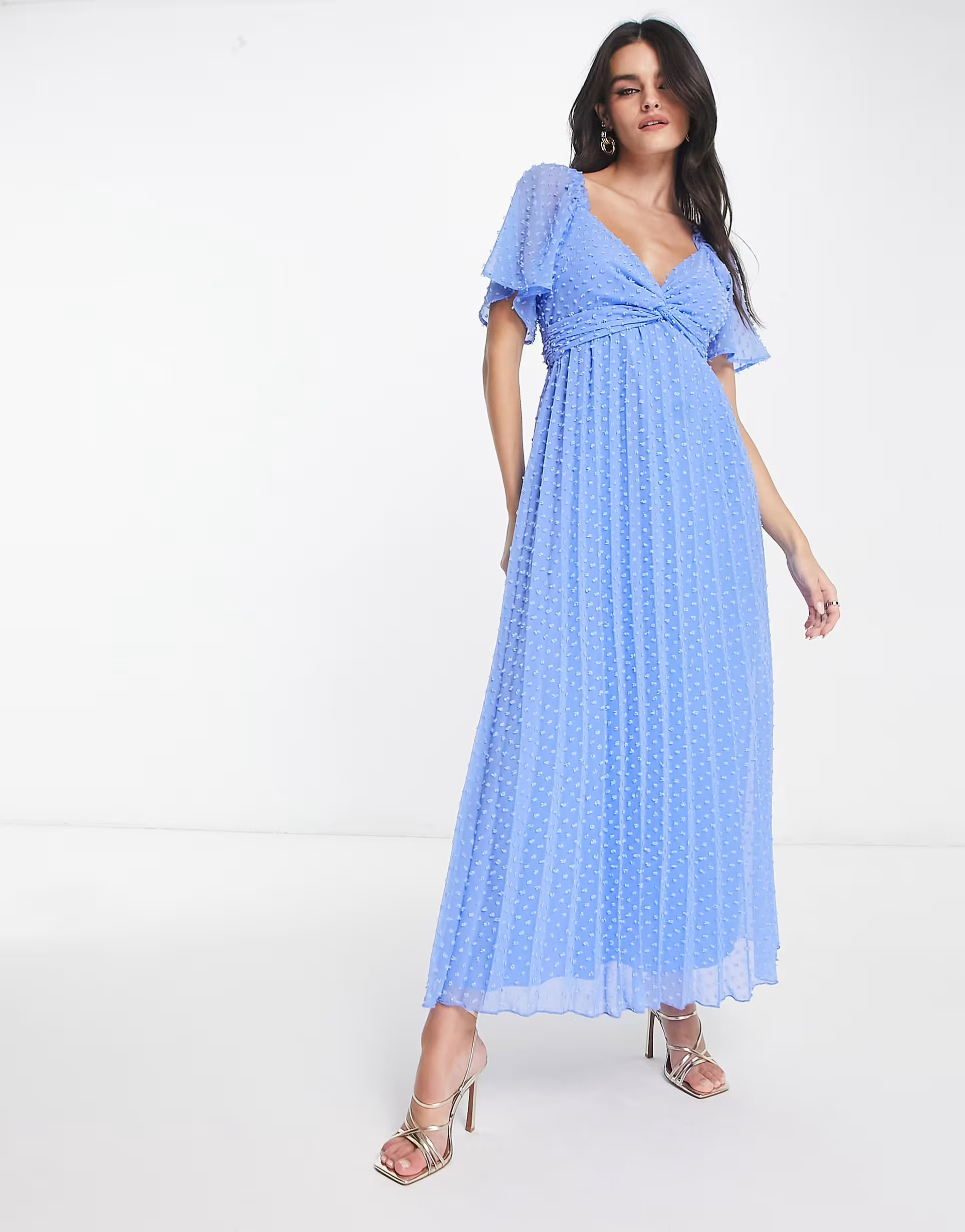 ASOS DESIGN tie front angel sleeve textured midi dress in cornflower blue | ASOS (Global)
