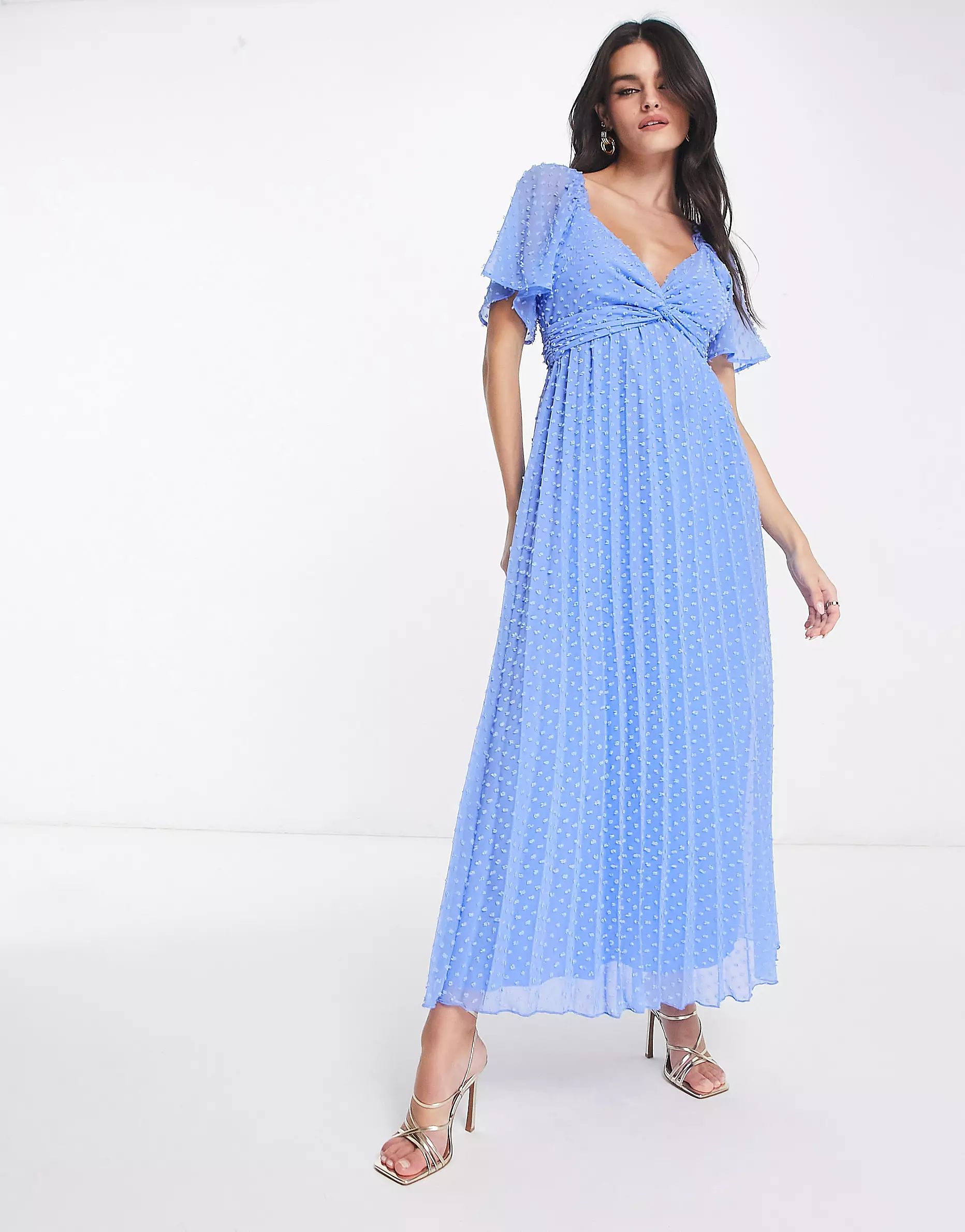 ASOS DESIGN tie front angel sleeve textured midi dress in cornflower blue | ASOS (Global)